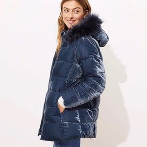 Blue Velvet Puffer coat w/faux fur lined detachable hood